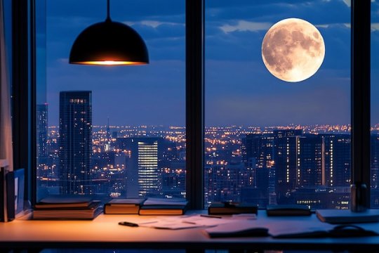 Night-view-city-skyline-through-open-window-with-full-moon-d