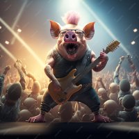 14 pig with pink mohawk plays guitar stage