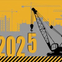 New-year-construction-crane-assembles-figures-card-340718833